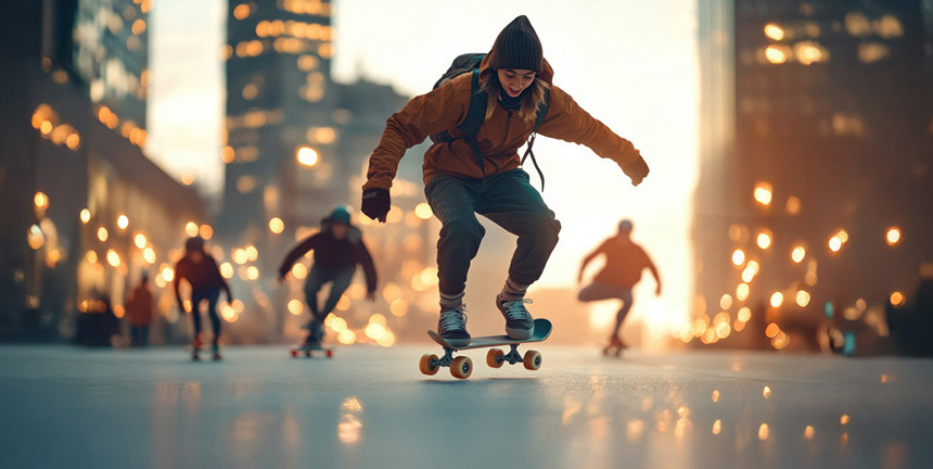A young skateboarder in a brown jacket with comfortemp® insulation, with friends skating in the background.